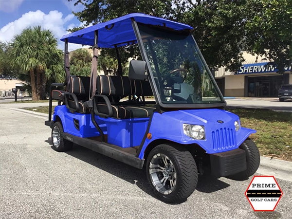 Blue Tomberlin 6 Passenger Golf Cart on the top of the world golf cart rental, golf cart rentals