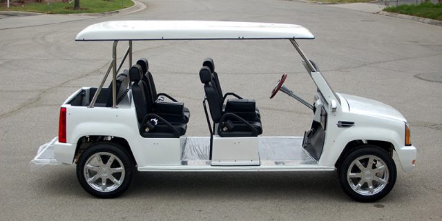 White Escalade Limo Golf Cart affordable golf cart rental, golf cart rent on top of the world